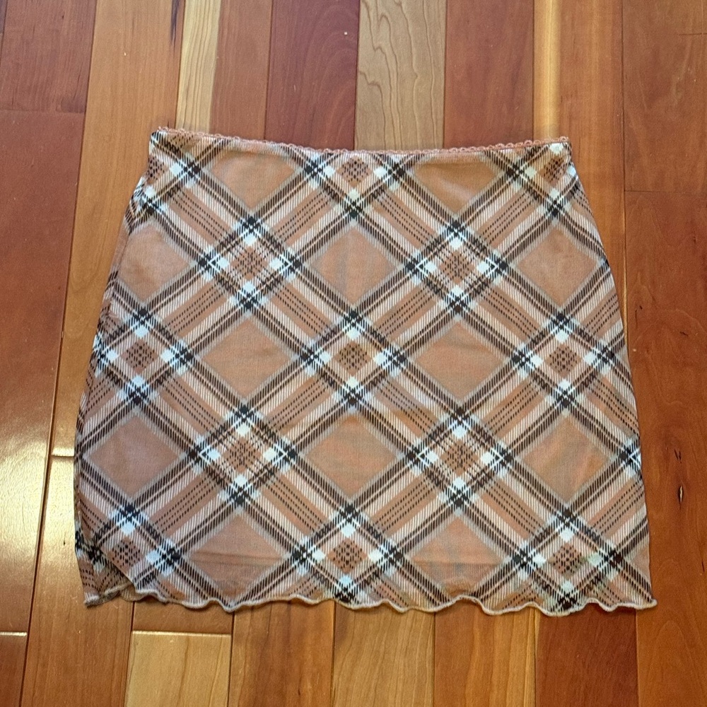 Plaid Layered Mesh Mini Skirt in Tan